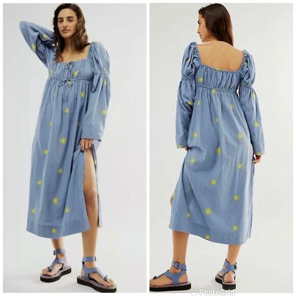 FREE PEOPLE Emory Boho Embroidered Square Neck Puff Sleeve Peasant Dress Size XS - Picture 3 of 15